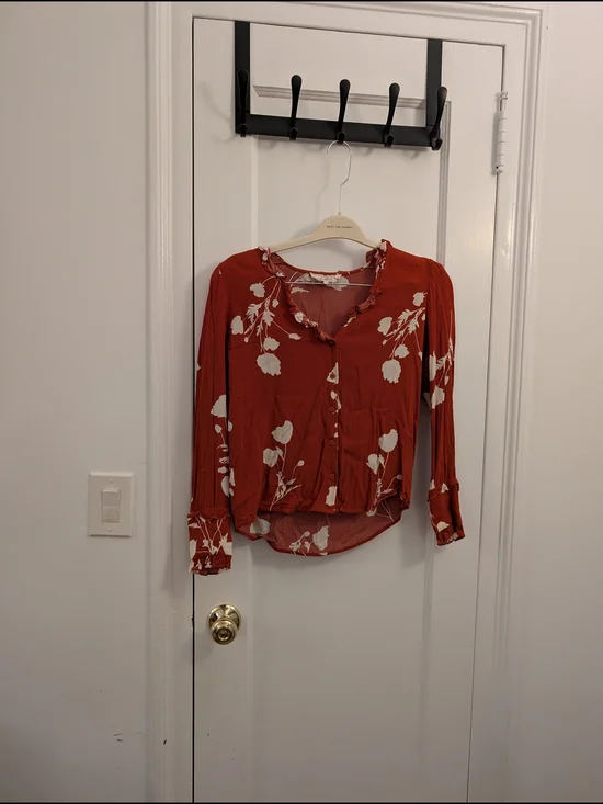 ba&sh Rust Red Floral Button-Front Ruffle Blouse - Picture 1 of 4